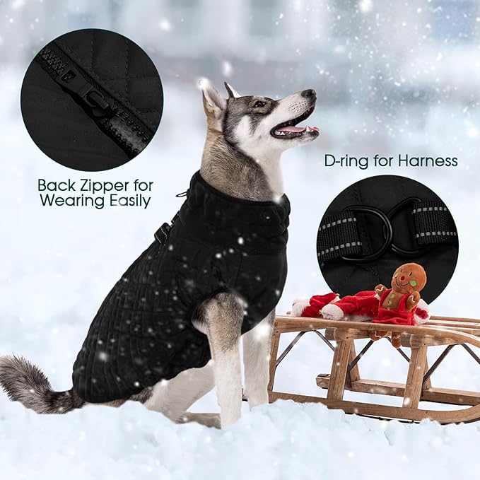 Kuoser Medium Dog Coat | All-Breed Thermal Wear with Windproof Layer | Reflective Tabs Enhance Visibility in Snow, Snap Buckles Simplify Dressing, Black M