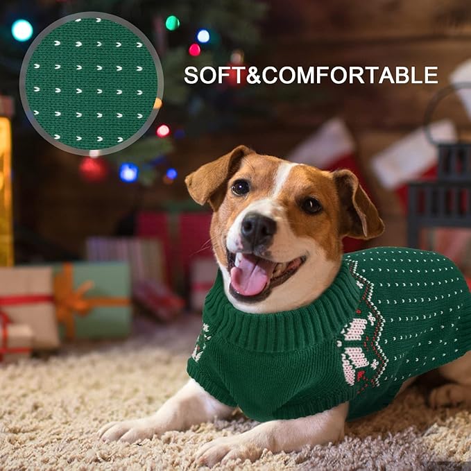 Kuoser Dog Sweater, Holiday Christmas Snowflake Pet Warm Knitwear Dog Sweaters Soft Puppy Clothing, Doggie Turtleneck Cold Weather Outfit Pullover for Small Medium Large Dogs Cats, Green S