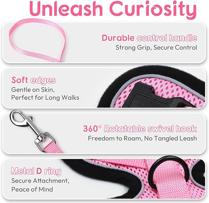 Dooradar Cat Harness and Leash Set, Escape Proof Safe Adjustable Kitten Vest Harnesses for Walking, Easy Control Soft Breathable Mesh Jacket with Reflective Strips for Cats, Pink, M