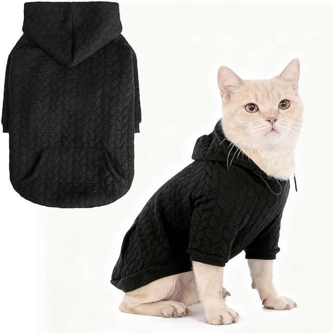 EXPAWLORER Textured Cable Knit Basic Dog Hoodie, Elevated Style Dog Sweater with Leash Hole and Pocket, Soft and Warm Pet Winter Coat, Cold Weather Clothes for Small Medium Large Dogs Cats,Black XS