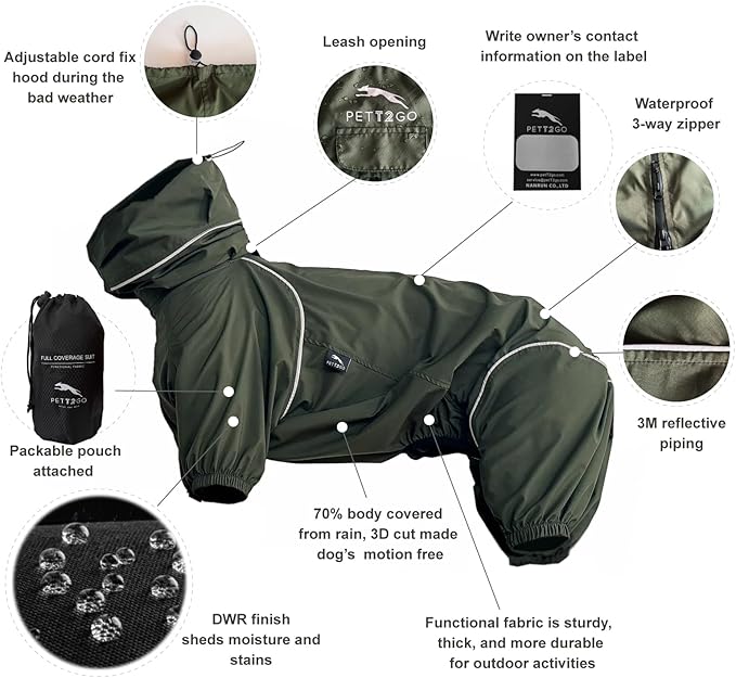 Dog Lightweight Windbreaker, Dog Outdoor 4-Legs Jacket, 0.5 lbs,Durable Water Repellent, Hooded, Easy on/Off with Collar and Harness, Reflective, Packable,Dark Olive (X-Large)
