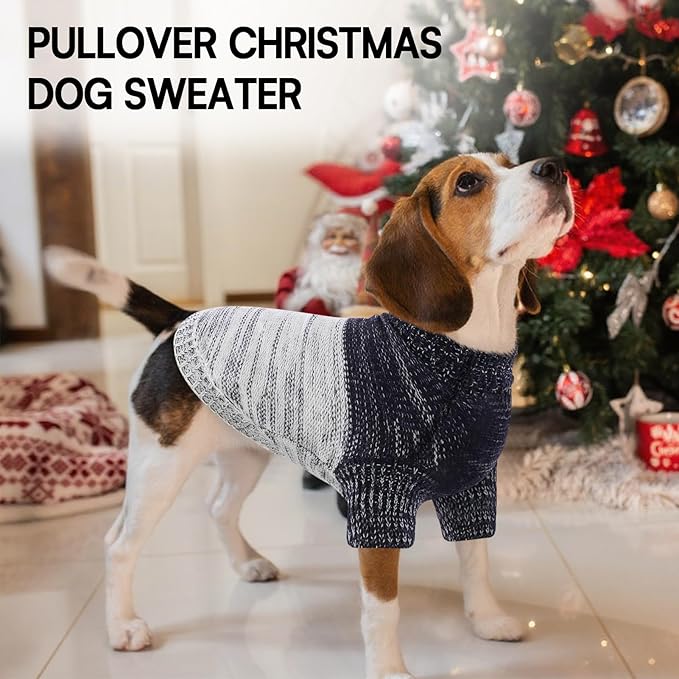 Queenmore Pullover Large Dog Sweater,Classic Turtleneck Warm Pet Sweater with Leash Hole for Dog Girls Boys,Winter Knitwear Clothes for Dachshund,Corgi,French Bulldog(Blue,L)