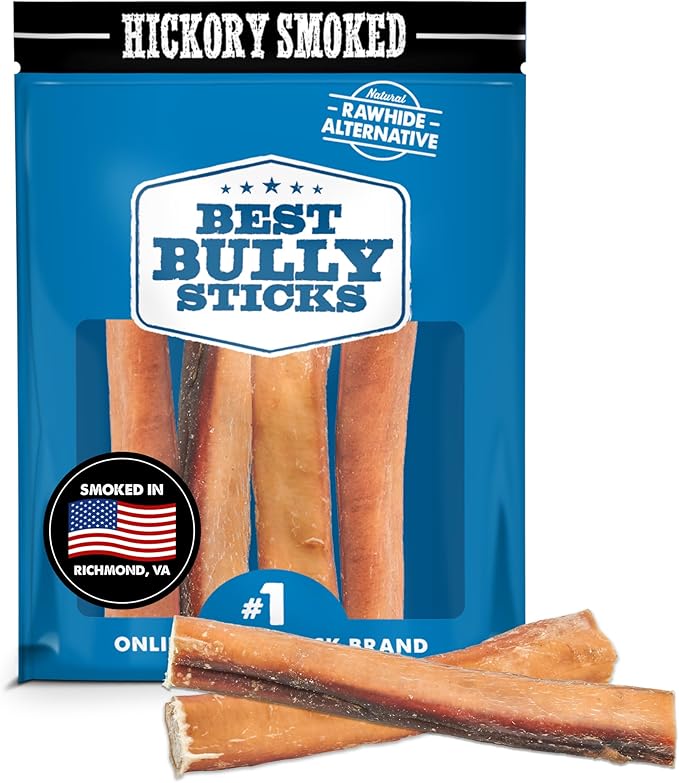 Best Bully Sticks Hickory Smoked Jumbo 6 Inch Bully Sticks - 4 Count (Pack of 1) - Natural, Smoky, Grain and Odor-Free, No Additives