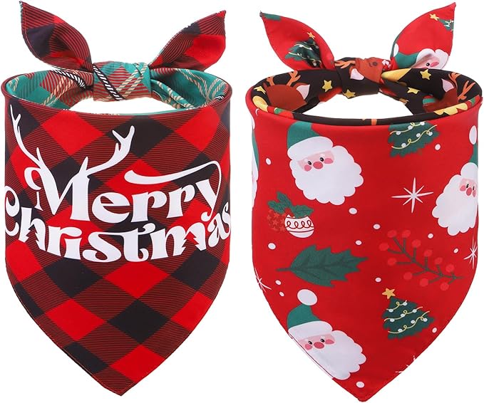 SCENEREAL Christmas Dog Bandanas 2 Pack, Puppy Xmas Santa Claus Elk Triangle Bibs Handkerchief, Reversible Holiday Dog Bandana for Boy and Girl, Premium Pet Scarf for Small Medium Large Dogs XL