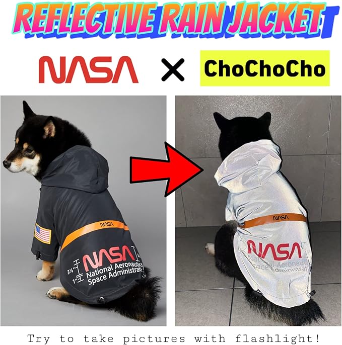 ChoChoCho NASA Dog Raincoats, Reflective Rain Jacket Water Proof, Cat & Puppy Stylish Streetwear Outfit for Dogs (Black, S)