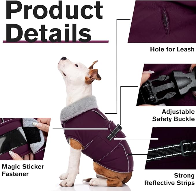 Lelepet Warm Dog Coat Waterproof Dog Jacket for Large Dogs Reflective Fleece Vest with Adjustable Buckle Hook & Loop Windproof Cold Weather Coats for Small Medium Large Dogs, Dark Purple, XXL