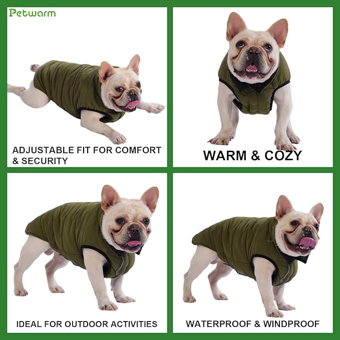 PetWarm Reversible Dog Winter Coat, Windproof Dog Puffer Vest, Soft Vest for Dogs with Hook-and-Loop Strap for Easy Dressing, Waterproof Coat for Dogs with Adjustable Fit, Green, XL