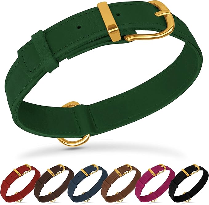 Leather Dog Collar - Heavy Duty Adjustable Soft Padded Pet Collars for Small Medium Large Dogs Breed - Black Green Brown Pink Red Blue (Green, L, 15"-19" Neck Fit)