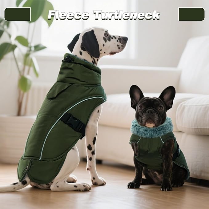 DENTRUN Dog Winter Coat - Windproof Reflective Jacket, Plush Turtleneck & Adjustable Belt, Water Repellent Fleece Lined Cold Weather Vest for Corgi Bulldog, Army Green, L