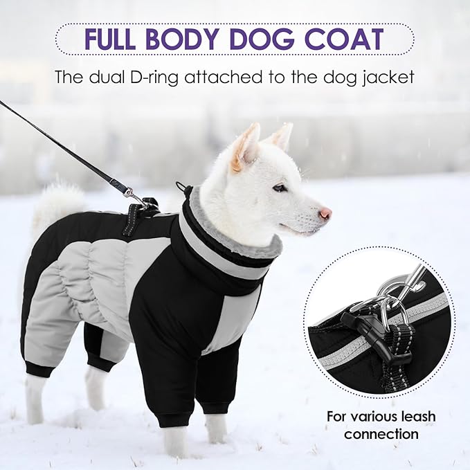 SUNFURA Full Body Dog Coat - Warm Fleece Jacket for Extra Large Dogs, Turtleneck Winter Coats with Harness, Reflective Dog Snowsuit Windproof Puffer Jackets with Legs for Great Dane, Black 3XL