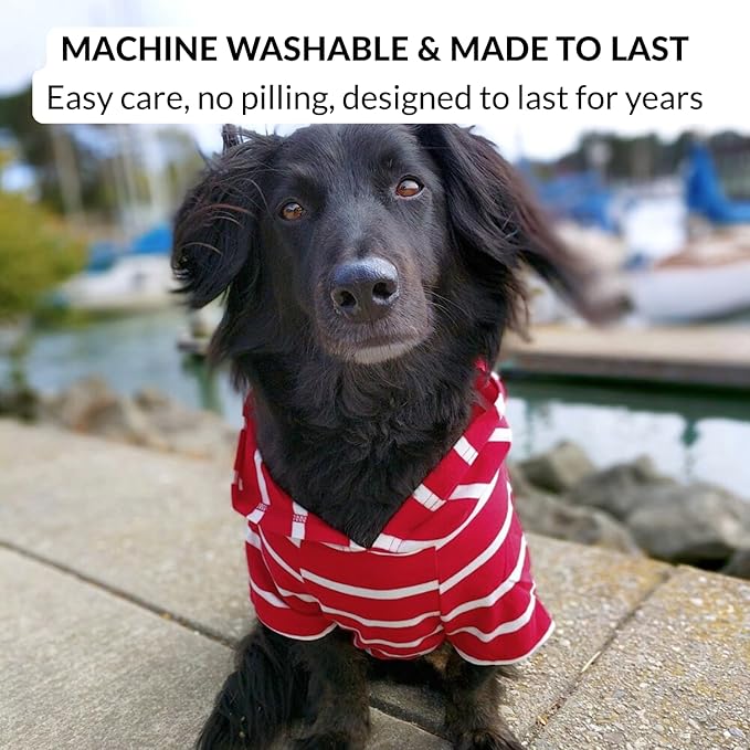 DJANGO Dog Hoodie – Warm, Lightweight, Soft & Stretchy Dog Sweater with Hood, Harness Hole & Elastic Waistband – Cozy Sweatshirt for Small Dogs up to 25 lbs, Dachshunds & Puppies – Crimson Red, Medium