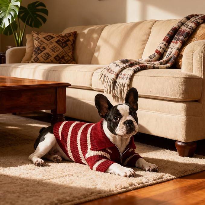 Small Dog Sweater with Zipper, Knitted Striped Pullover Dog Clothes for Cold Weather, Thick Warm Cozy Stretchy Sweater for Chihuahua, Bulldog, Dachshund, Pug(Red & White Strip, XXL)