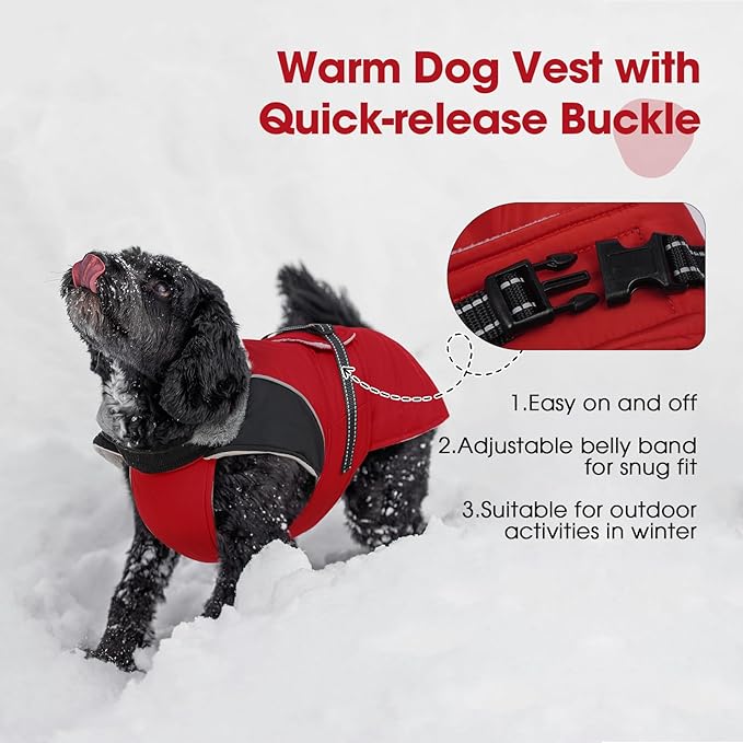 Nanaki Dog Coat Jacket for Large Dogs Winter Waterproof, Warm Fleece Lining Furry Collar Large Dog Jacket with Leash Hole, Reflective Cold Weather Pet Jacket Outdoor Walking Hunting,Easy On Red 3XL