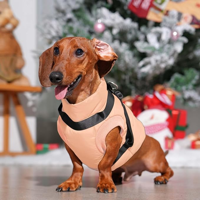 Dog Jacket with Harness,Fleece Lined Warm Puppy Coat for Winter,Soft Windproof Small Dog Vest,LightOrange M