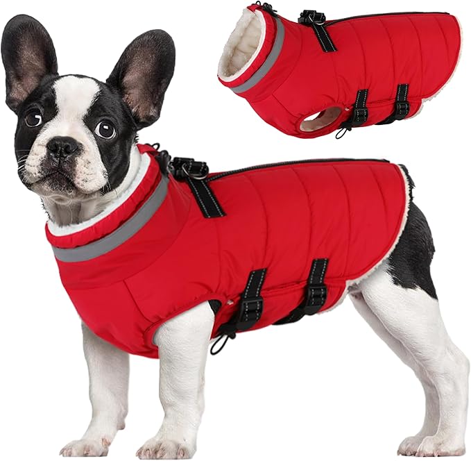 Large Dog Coat with Harness Built-in, Waterproof Reflective Fleece Lined - Warm Windproof Winter Jacket with Back Zipper, Cold Weather Snow Dog Coats - Red - 3XL
