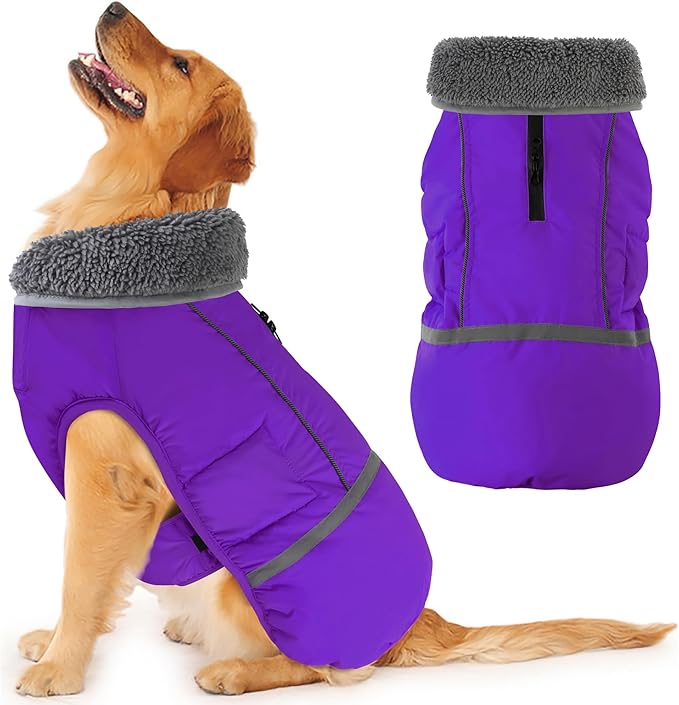 Dogcheer Warm Dog Coat, Christmas Dog Jacket Waterproof Puppy Winter Coat with Buckles, Reflective Adjustable Pet Snow Jacket Turtleneck Fleece Sweater for Small Medium Large Dogs - Purple, 2XL