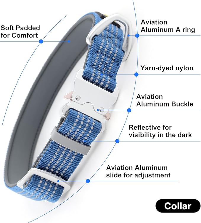 Plutus Pet Reflective Dog Collar with Aviation Aluminum Buckle, Neoprene Padded for Comfort, Lightweight, Heavy Duty Nylon Collar for Puppy Small Medium Large Dogs (Blue, L)