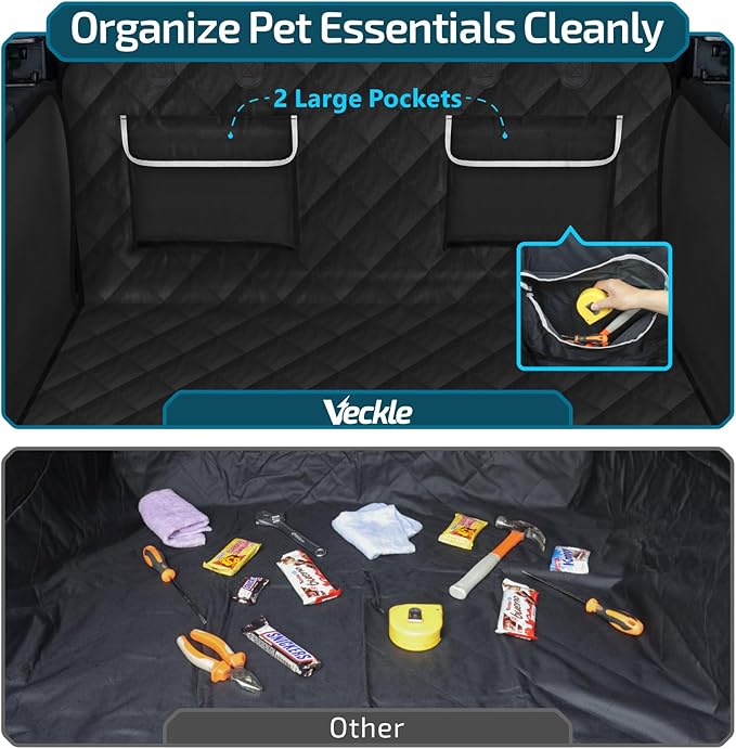 Veckle SUV Cargo Liner for Dogs, Water Resistant Dog Trunk Cover with Side Flap Protector 2 Large Pockets Pet Seat Cover for SUV Sedans Vans with Bumper Flap, Non-Slip, Large Universal Fit, Black