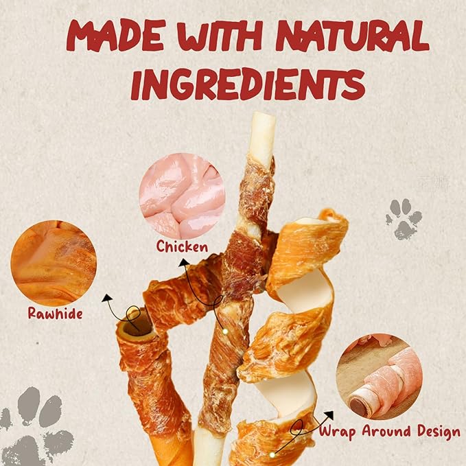 Dog Rawhide Chews, Chicken Wrapped Dog Treats Rawhide Twist Chicken Hide Sticks Natural Ingredients, 7.05oz, for All Breeds