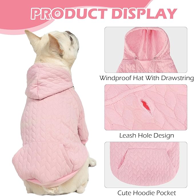 EXPAWLORER Textured Cable Knit Basic Dog Hoodie, Elevated Style Dog Sweater with Leash Hole and Pocket, Soft and Warm Pet Winter Coat, Cold Weather Clothes for Small Medium Large Dogs Cats,Pink XXL