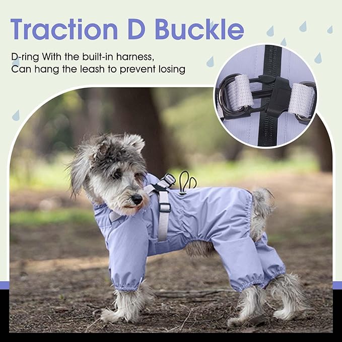 BRKURLEG Dog Raincoat for Small Dogs, Small Dog Rain Jacket with Harness Built in, Waterproof 4 Legs Puppy Raincoats, Puppy Outdoor Jacket with Reflective Strip, Purple, XL