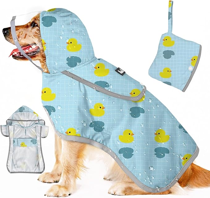 SlowTon Dog Raincoat, Adjustable Dog Rain Jacket Clear Hooded Double Layer, Waterproof Poncho with Reflective Strip Straps and Storage Pocket for Small Medium Large Dogs Puppies(DK XL)