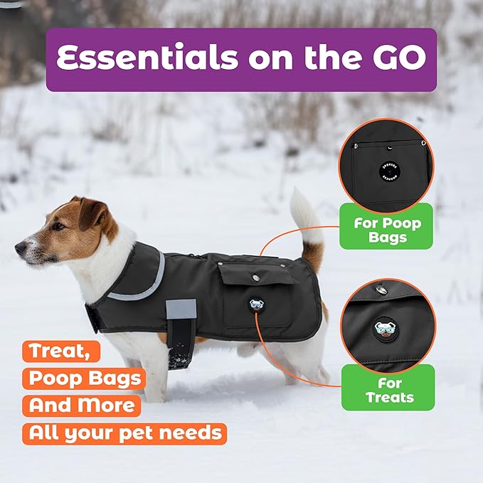 Joyride Harness FrostFlex Dog Winter Jacket - Fleece Lined & Water-Resistant - Snowsuit with Pockets for Treats & Poop Bags - Durable Cold Weather Dog Coat - Black Onyx-L