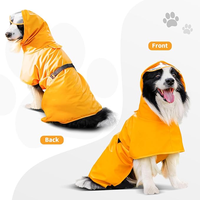 Dog Raincoat, Waterproof Windproof Dog Rain Jacket with Hood, Rain Coat with Leash Hole, Adjustable Raincoat Poncho for Small Medium Large Dogs Outdoor (Yellow, Medium)
