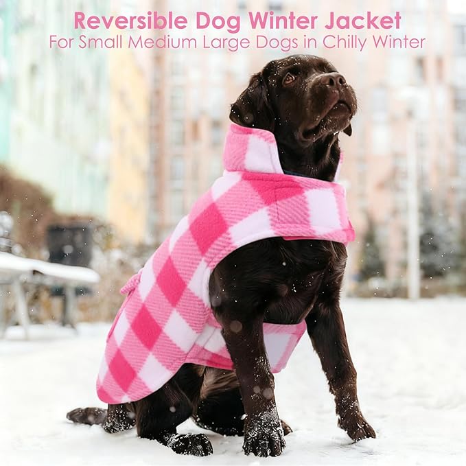 AOFITEE Dog Coat Plaid Dog Winter Coat for Large Dogs, Warm Dogs Jacket Christmas Sweater, Waterproof Pet Puffer Jacket, Reversible Pet Cold Weather Coats for Small Medium Large Pets, Pink XL