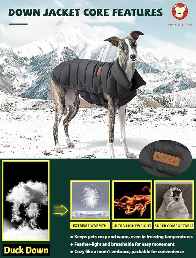 SPACE LION Dog Puffer Jacket, Down Winter Coat, Durable Outdoor Coat for Cold and Windy Conditions, Waterproof, Lightweight Jacket, Adjustable Fit for Small, Medium, Large Dogs(Black,8/XS)
