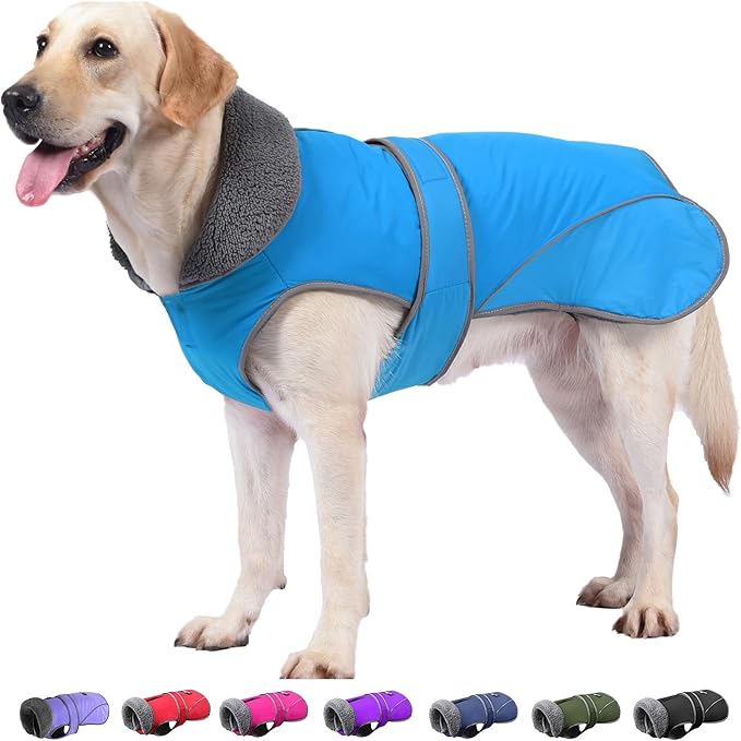 Dogcheer Dog Coat, Waterproof Dog Jacket Reflective Pet Winter Coat with Adjustable Hook & Loop, Christmas Puppy Fleece Jacket Warm Turtleneck Snowsuit for Small Medium Large Dogs - Sky Blue, L