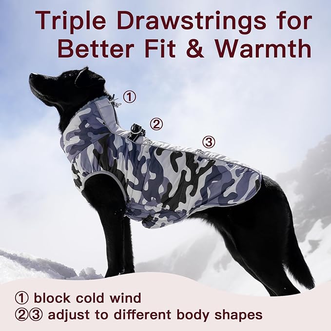 Dog Coat Dog Winter Jacke- XX Large, Warm Dog Coat Zip Up Snowsuit Dog Harness Vest Reflective Water-Resistant Dog Coat Dog Snow Jacket for Large Dogs Border Collie, Pit Bull, Grey-Camouflage