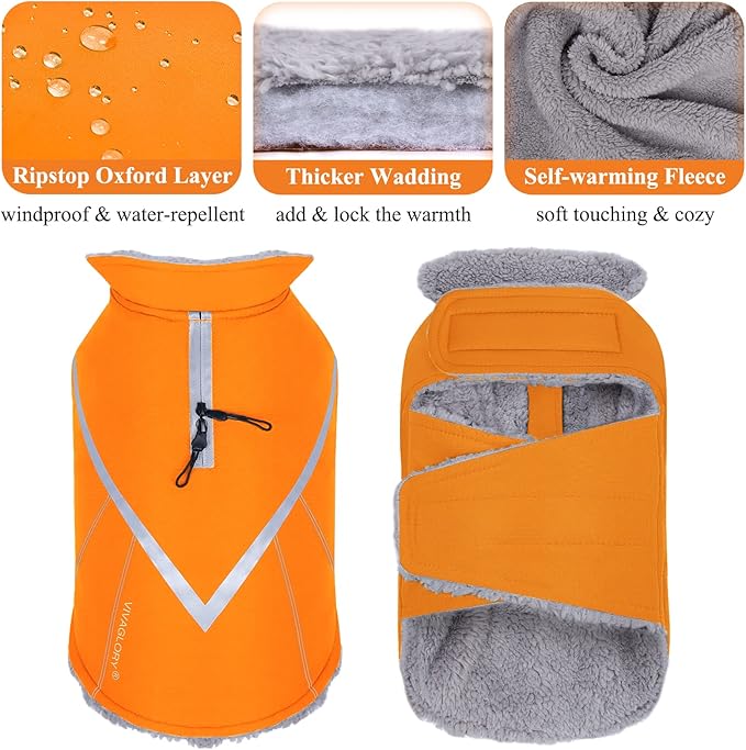 VIVAGLORY Snowrap Dog Coat, Jacket with Harness Hole & Velcro Closure, Dog Coat for Winter & Cold Weather, Fluffy Warm Fleece Lined Reflective Water Resistant for Puppy, M, Orange