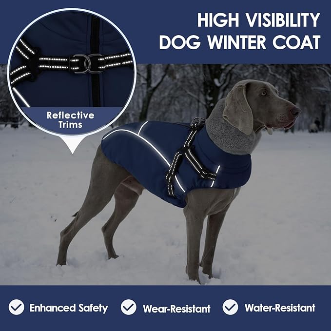 AOFITEE Dog Jacket with Harness Built in, Waterproof Dog Coat for Small Dogs, Warm Fleece Pet Puffer Vest with Zipper on Back & Furry Collar, Reflective Dogs Snow Jacket Small Pet Snowsuit, Blue S