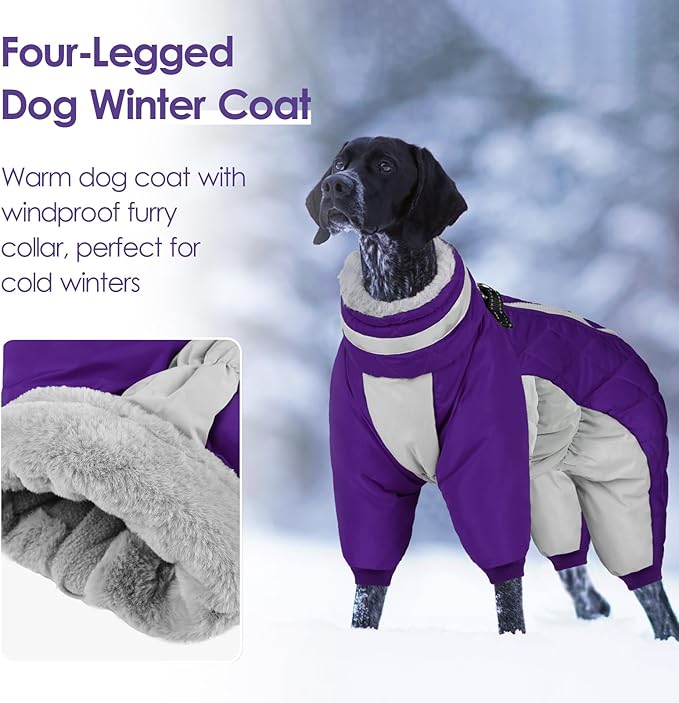 SUNFURA Full Body Dog Coat - Warm Fleece Jacket for Medium Dogs, Turtleneck Winter Coats with Harness, Reflective Dog Snowsuit Windproof Puffer Jackets with Legs for Boston Terrier, Purple M