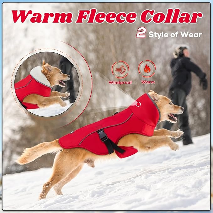 EMUST Dog Cold Weather Coats, Fleece Lining Small/Medium/Large Dog Jacket for Winter, Warm Waterproof Pet Winter Clothes for Large Dogs, Red, XL