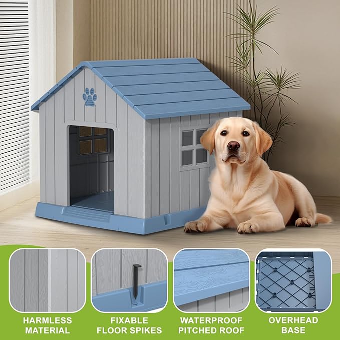 EasyUp Dog House Outdoor Indoor,Dog House Weatherproof Resin Shelter with Air Vents and Elevated Floor for Small Medium Large Dogs,Easy Clean and Assemble(31.18 * 33.7 * 32.52in, Blue)
