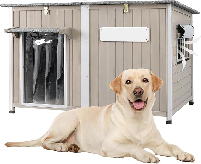 Large Dog House Outdoor Weatherproof XL Dog House Wooden with Adjustable Vent Window, Chew-Proof Iron Frame, Removable Floor, Easy Assembly for Medium to Large Dogs(55" L x 33" W x 35" H)