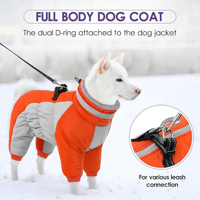SUNFURA Full Body Dog Coat - Warm Fleece Jacket for Large Dogs, Turtleneck Winter Coats with Harness, Reflective Dog Snowsuit Windproof Puffer Jackets with Legs for Weimaraner, Orange XL