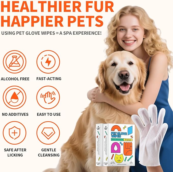 Pet Glove Wipes for Dogs and Cats, Cleaning & Deodorizing Grooming Gloves for Daily Care and Traveling, Dog Wipes Washing Gloves Rinse Free, 54 PCS