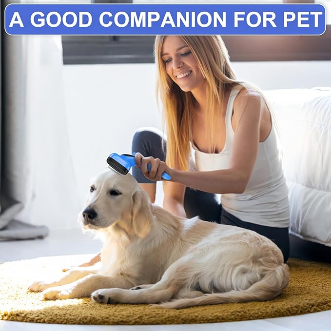 Dogs Cats Self Cleaning Slicker Brush for Shedding & Grooming Any Breed of Pets, Removes Loose, Undercoat, Mats, Tangled Hair for Small Medium Large Animal With Long Short Fur Length, Blue