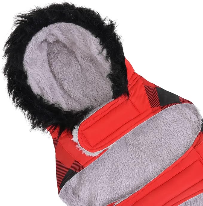HDE Dog Puffer Jacket Fleece Lined Warm Dog Parka Winter Coat with Harness Hole Buffalo Plaid - M