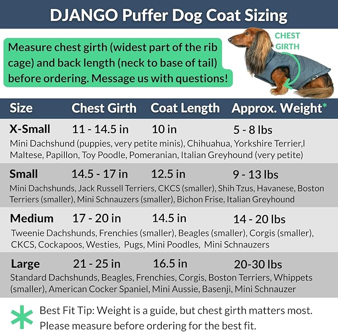 DJANGO Reversible Puffer Dog Coat – Warm Winter Dog Jacket & Water-Repellent Insulated Dog Coat w/Harness Hole, Windproof, Adjustable Fit for Small & Medium Dogs, Dachshunds – Twilight Blue, X-Small