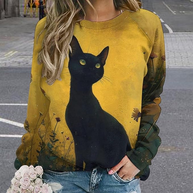 Long Sleeve Shirts for Women Cat Oil Painting Shirt 3D Graphic Sweatshirts Fall Pullover Crewneck Vintage Boho Tops
