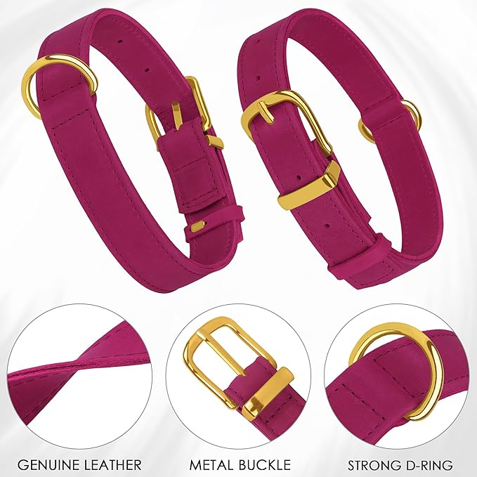 Leather Dog Collar - Heavy Duty Adjustable Soft Padded Pet Collars for Small Medium Large Dogs Breed - Black Green Brown Pink Red Blue (Pink, L, 15"-19" Neck Fit)