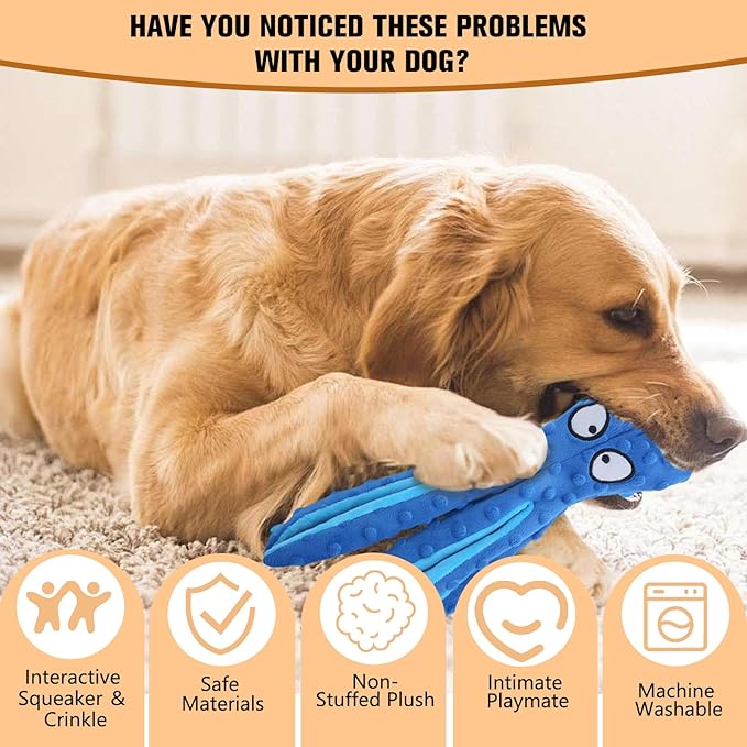 Dog Squeaky Toys Octopus, No Stuffing Plush Toys, Squeaky Octopus Dog Toy - Durable Plush for Puppies, Interactive Dogs Toys for Aggressive Chewers (Green+Blue)