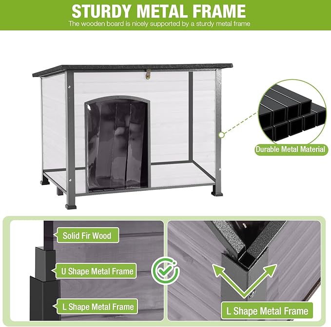 GUTINNEEN Large Outdoor Insulated Dog House Indestructible Dog Shelter Weatherproof Dog Kennel with Chew-Proof Metal Frame, Openable Roof for Small to Large Dog Breeds (Grey, 33.5"L x 22"W x 25.2"H)
