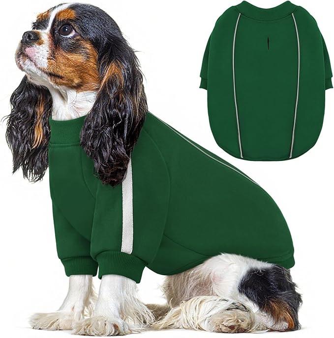 Queenmore XS Christmas Dog Sweater, Cozy Fleece Dog Sweatshirt, Warm Winter Fleece Jacket for Small, Medium & Large Dogs with Leash Hole/Reflective Stripes Green