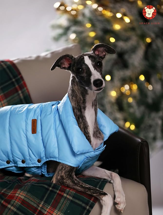 SPACE LION Dog Puffer Jacket, Down Winter Coat, Durable Outdoor Coat for Cold and Windy Conditions, Waterproof, Lightweight Jacket, Adjustable Fit for Small, Medium, Large Dogs(Blue,14/L)