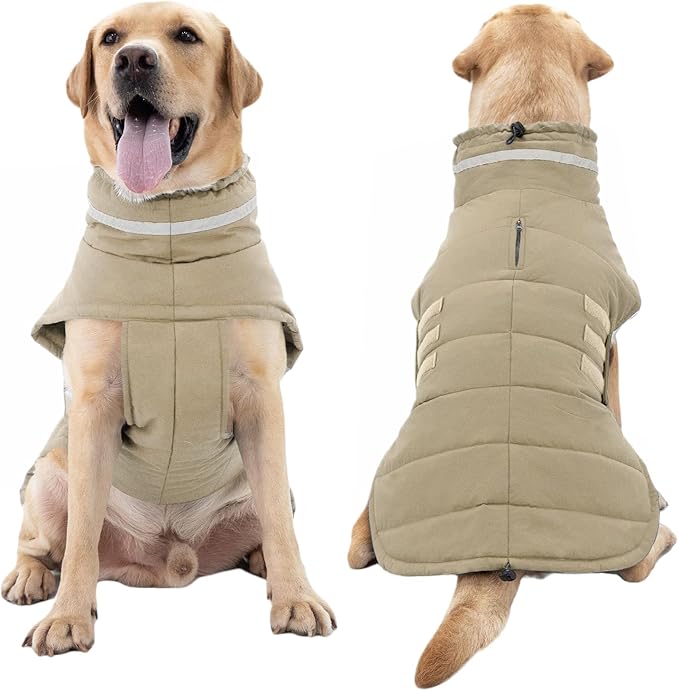 Dog Coat, Waterproof Winter Jacket, Warm Windproof Vest, Reflective Adjustable Turtleneck Coats for Medium and Large Dogs with Hook & Loop - Khaki - L